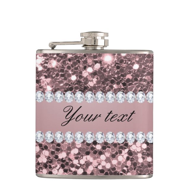 Trendy Rose Gold Faux Glitter and Diamonds Hip Flask (Front)