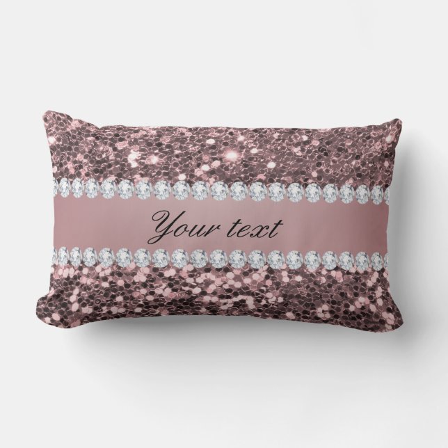 Trendy Rose Gold Faux Glitter and Diamonds Lumbar Cushion (Front)