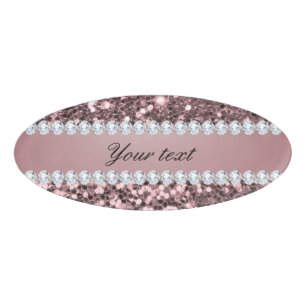 Trendy Rose Gold Faux Glitter and Diamonds Name Tag