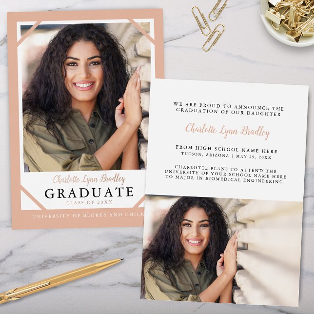 Trendy Rose Gold Foil Graduation Announcement (Elegant modern minimalist peach and rose gold foil graduation announcement with 2 photos)