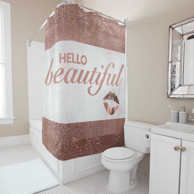 Trendy Rose Gold Foil Marble Hello Beautiful Shower Curtain (In Situ)