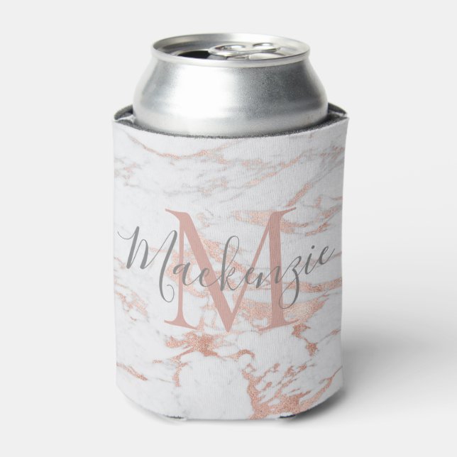Trendy Rose Gold Foil Marble Monogram Can Cooler (Can Front)