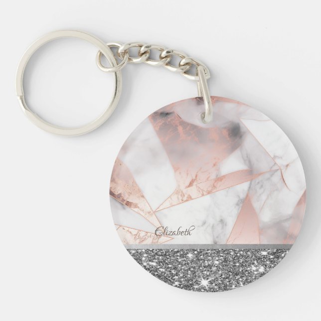 Trendy Rose Gold Geometric Marble Key Ring (Front)