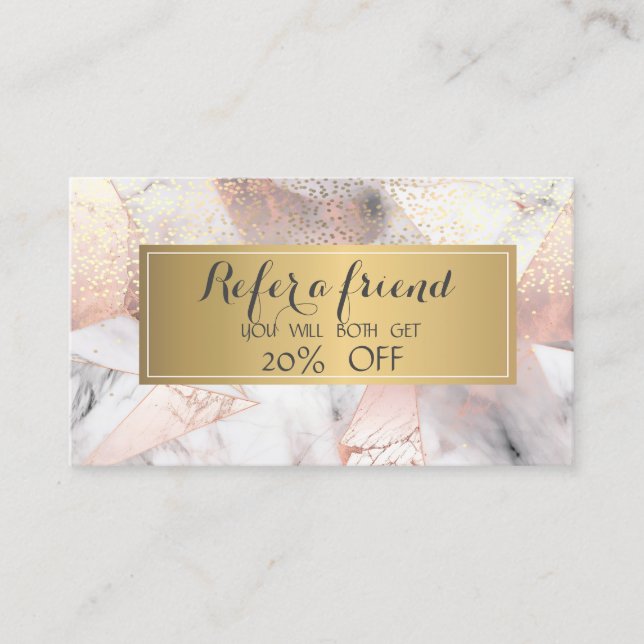 Trendy Rose Gold Geometric Marble Referral Card (Front)