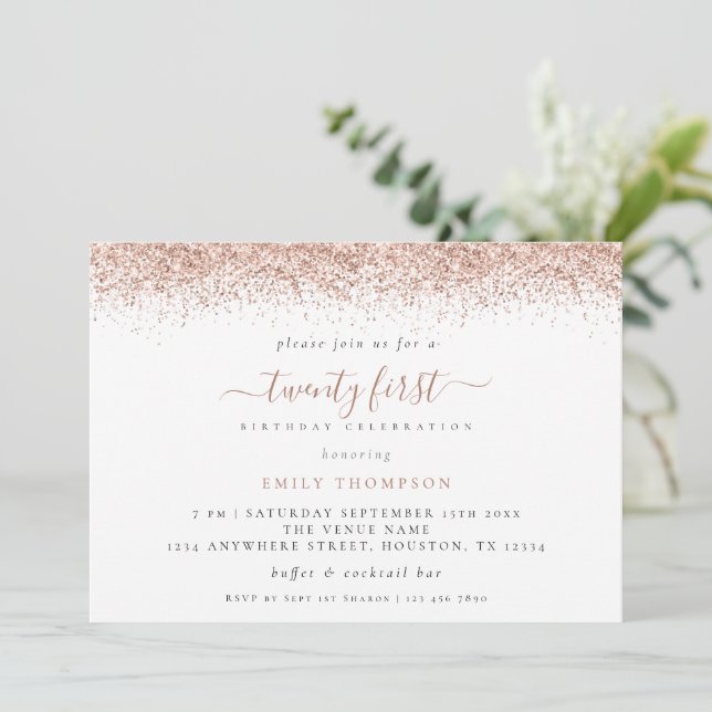 Trendy Rose Gold Glitter 21st Birthday Party Invitation (Standing Front)