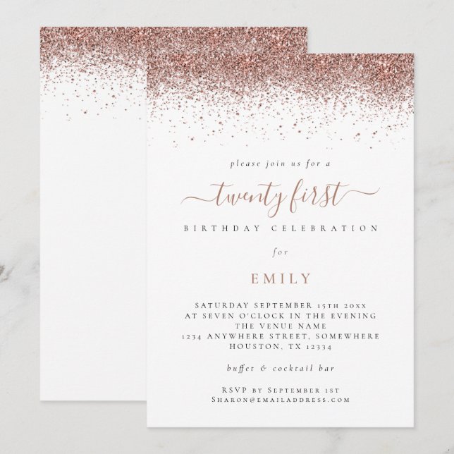 Trendy Rose Gold Glitter 21st Birthday Party Invitation (Front/Back)