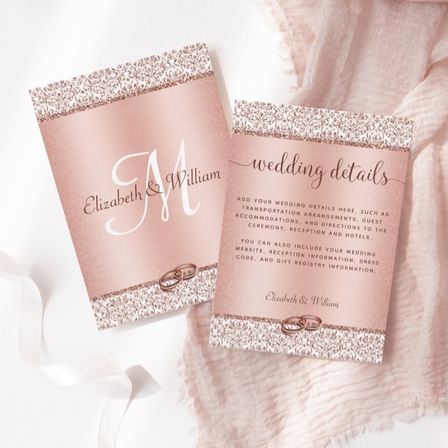 Trendy Rose Gold Glitter Damask Wedding Details Enclosure Card (Creator Uploaded)