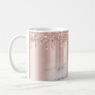Trendy Rose Gold Glitter Drips Chic Marble Custom Coffee Mug