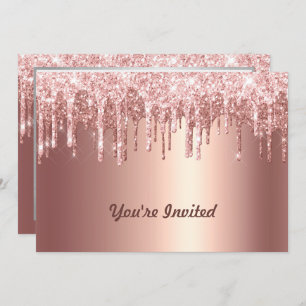 Trendy Rose Gold Glitter Drips Graphic Birthday Invitation