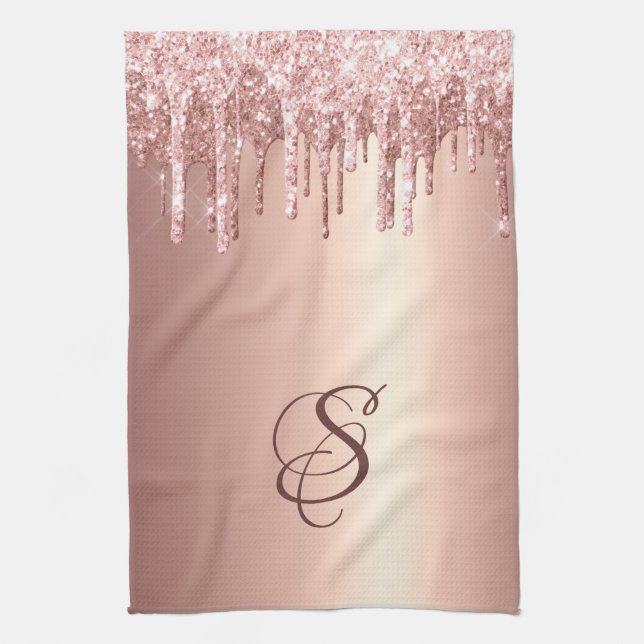 Trendy Rose Gold Glitter Drips Graphic Monogram Tea Towel (Vertical)