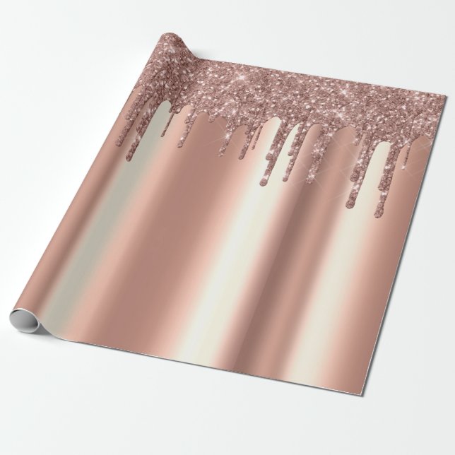 Trendy Rose Gold Glitter Drips Metal Wrapping Paper (Unrolled)