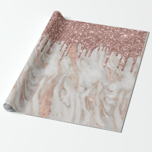 Trendy Rose Gold Glitter Drips White Marble Wrapping Paper