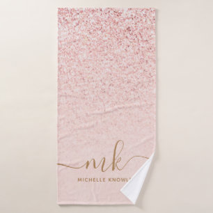 Trendy Rose Gold Glitter Fancy Initials and Name Bath Towel
