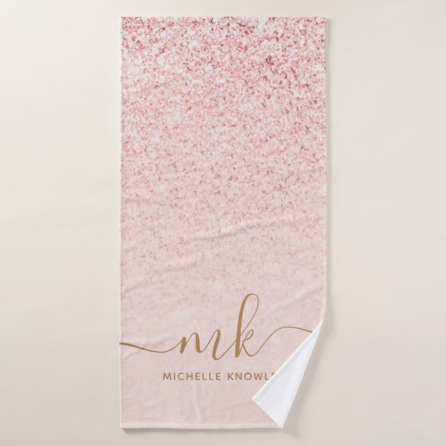 Trendy Rose Gold Glitter Fancy Initials and Name Bath Towel (Bath Towel)