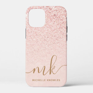 Trendy Rose Gold Glitter Fancy Initials and Name iPhone 12 Mini Case