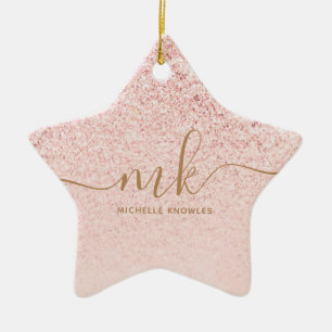 Trendy Rose Gold Glitter Fancy Initials and Name  Ceramic Ornament