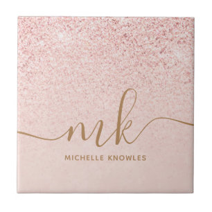 Trendy Rose Gold Glitter Fancy Initials and Name Ceramic Tile