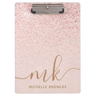Trendy Rose Gold Glitter Fancy Initials and Name Clipboard