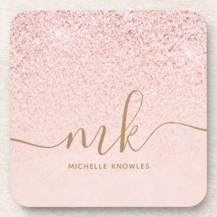 Trendy Rose Gold Glitter Fancy Initials and Name Coaster