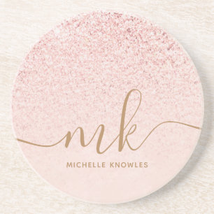 Trendy Rose Gold Glitter Fancy Initials and Name Coaster