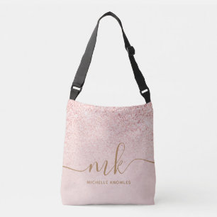 Trendy Rose Gold Glitter Fancy Initials and Name Crossbody Bag