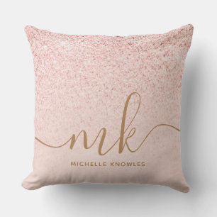 Trendy Rose Gold Glitter Fancy Initials and Name Cushion