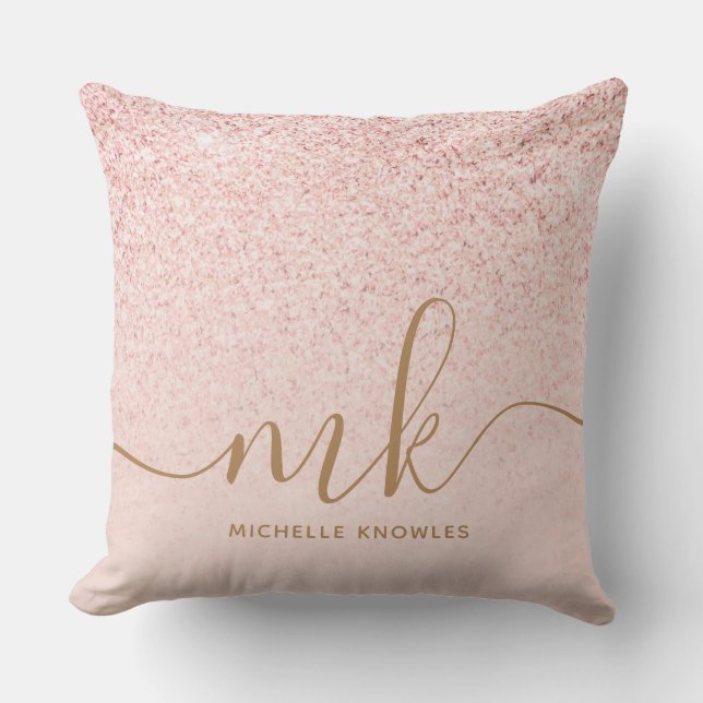 Trendy Rose Gold Glitter Fancy Initials and Name Cushion (Front)