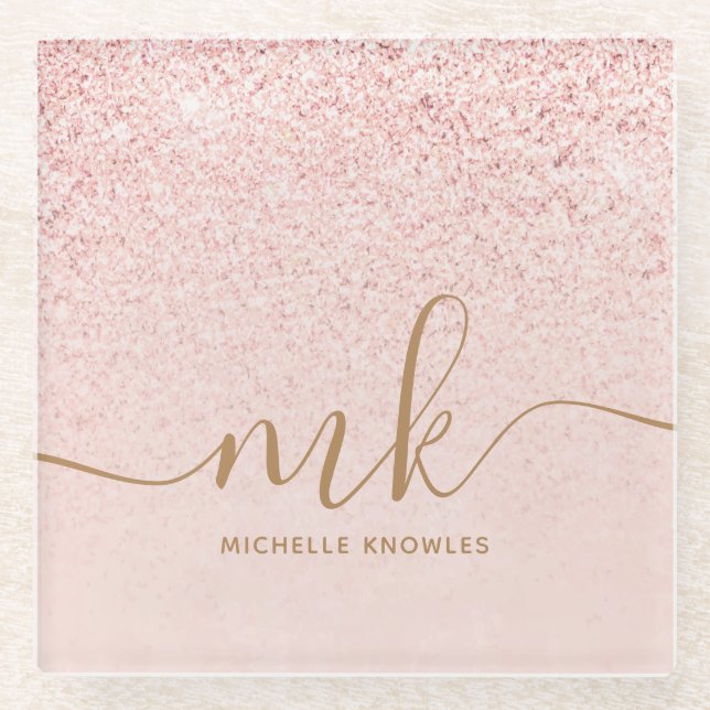 Trendy Rose Gold Glitter Fancy Initials and Name Glass Coaster (Front)