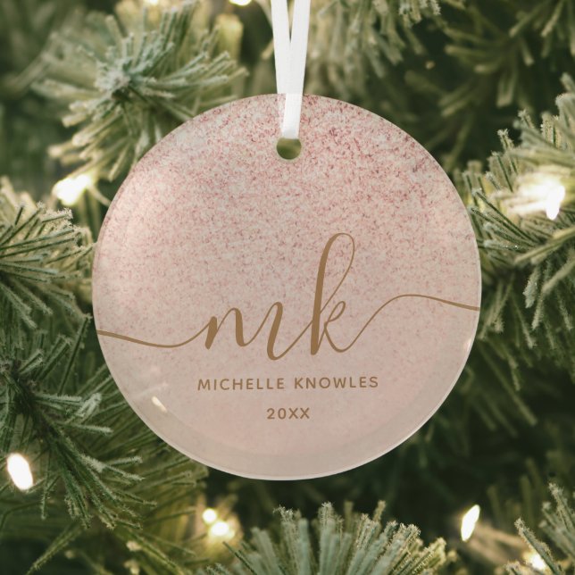 Trendy Rose Gold Glitter Fancy Initials and Name Glass Tree Decoration (Insitu)