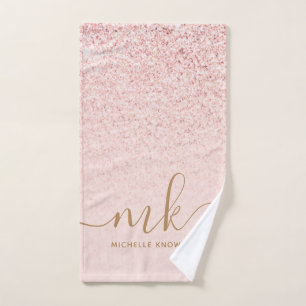 Trendy Rose Gold Glitter Fancy Initials and Name Hand Towel