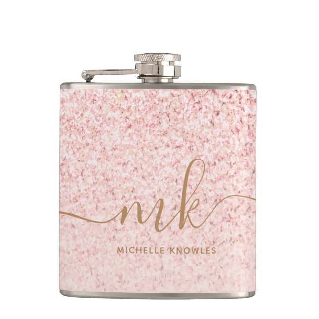 Trendy Rose Gold Glitter Fancy Initials and Name Hip Flask (Front)