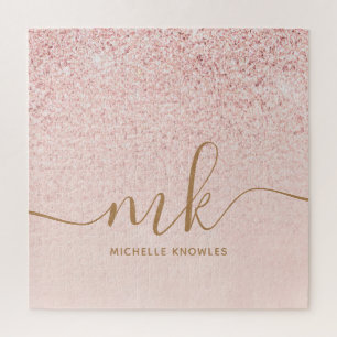 Trendy Rose Gold Glitter Fancy Initials and Name Jigsaw Puzzle