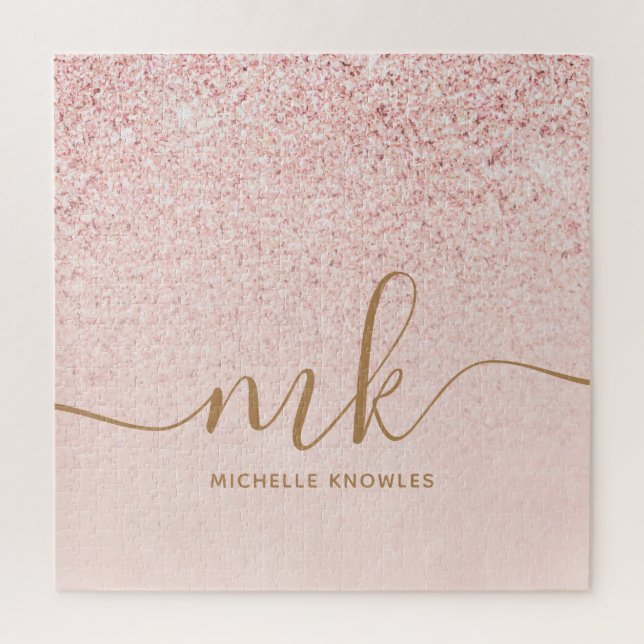 Trendy Rose Gold Glitter Fancy Initials and Name Jigsaw Puzzle (Vertical)