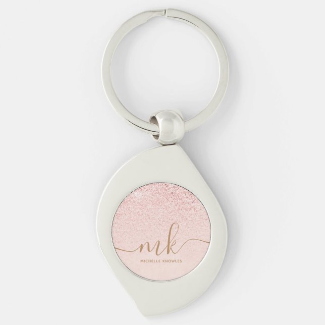 Trendy Rose Gold Glitter Fancy Initials and Name Key Ring (Front)