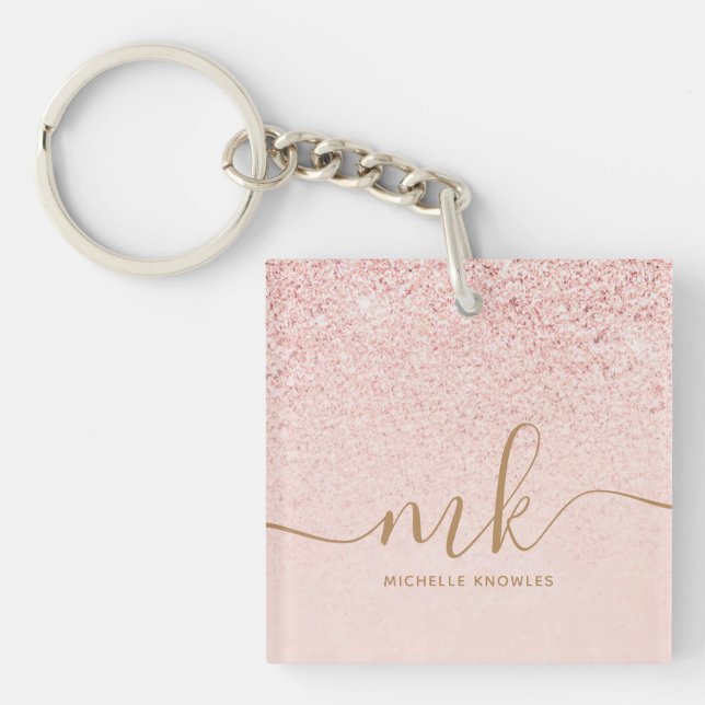 Trendy Rose Gold Glitter Fancy Initials and Name Key Ring (Front)