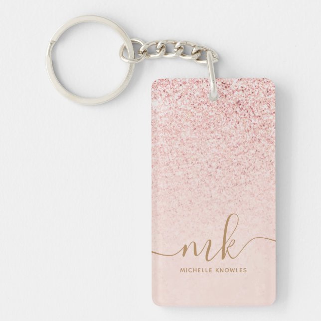 Trendy Rose Gold Glitter Fancy Initials and Name Key Ring (Front)