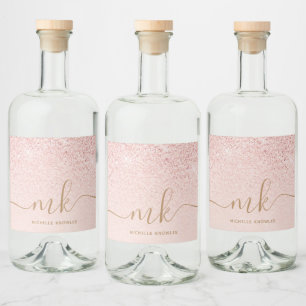 Trendy Rose Gold Glitter Fancy Initials and Name Liquor Bottle Label