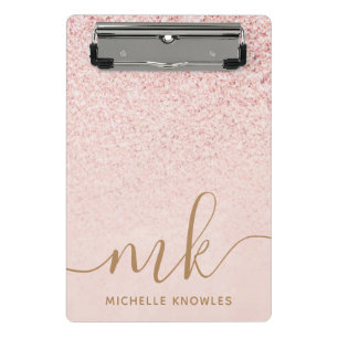 Trendy Rose Gold Glitter Fancy Initials and Name Mini Clipboard