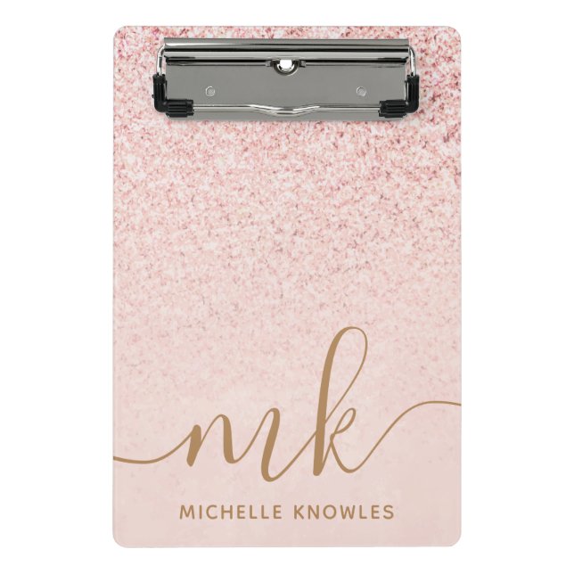Trendy Rose Gold Glitter Fancy Initials and Name Mini Clipboard (Front)