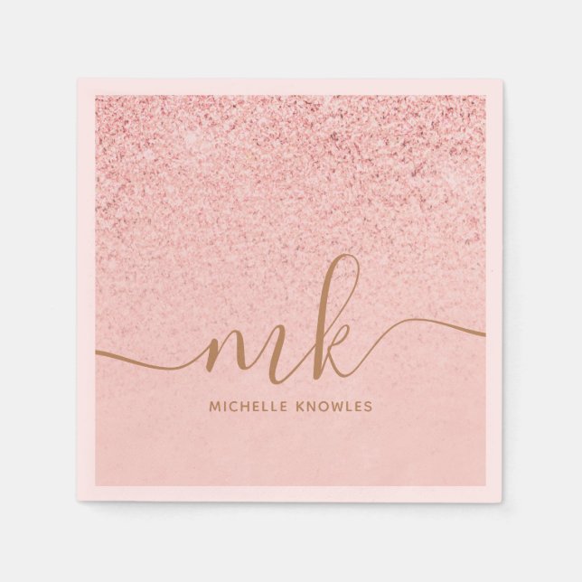 Trendy Rose Gold Glitter Fancy Initials and Name Napkin (Front)