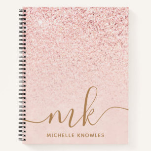 Trendy Rose Gold Glitter Fancy Initials and Name Notebook