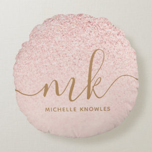 Trendy Rose Gold Glitter Fancy Initials and Name Round Cushion