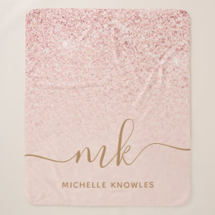 Trendy Rose Gold Glitter Fancy Initials and Name Sherpa Blanket