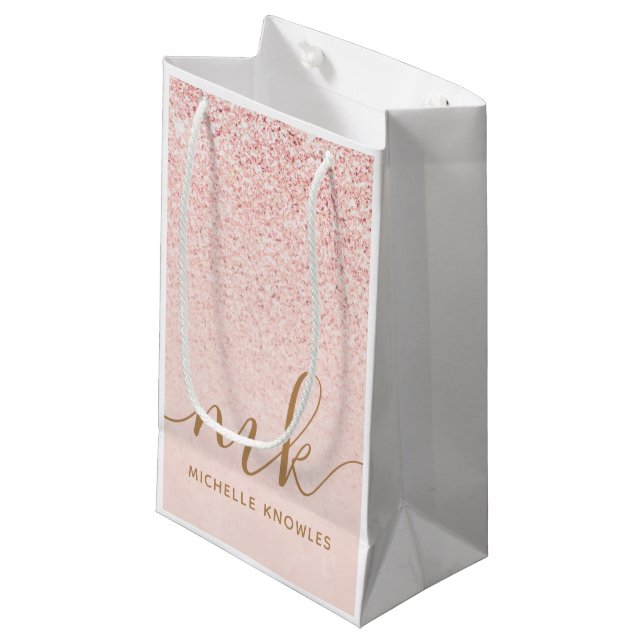 Trendy Rose Gold Glitter Fancy Initials and Name Small Gift Bag (Front Angled)
