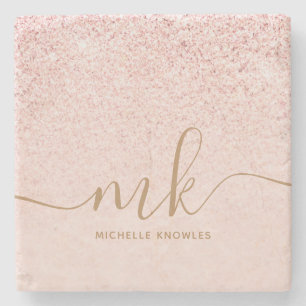 Trendy Rose Gold Glitter Fancy Initials and Name Stone Coaster