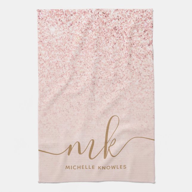 Trendy Rose Gold Glitter Fancy Initials and Name Tea Towel (Vertical)