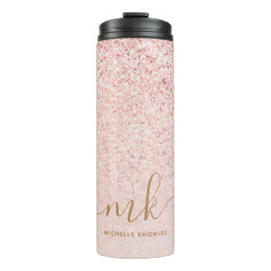 Trendy Rose Gold Glitter Fancy Initials and Name Thermal Tumbler