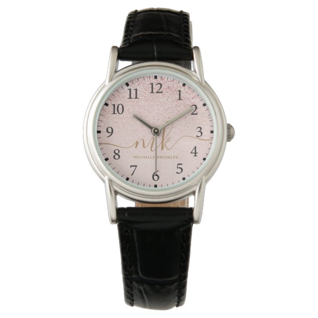 Trendy Rose Gold Glitter Fancy Initials and Name Watch (Front)
