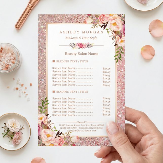 Trendy Rose Gold Glitter Floral Beauty Salon Menu (Creator Uploaded)