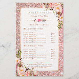 Trendy Rose Gold Glitter Floral Beauty Salon Menu